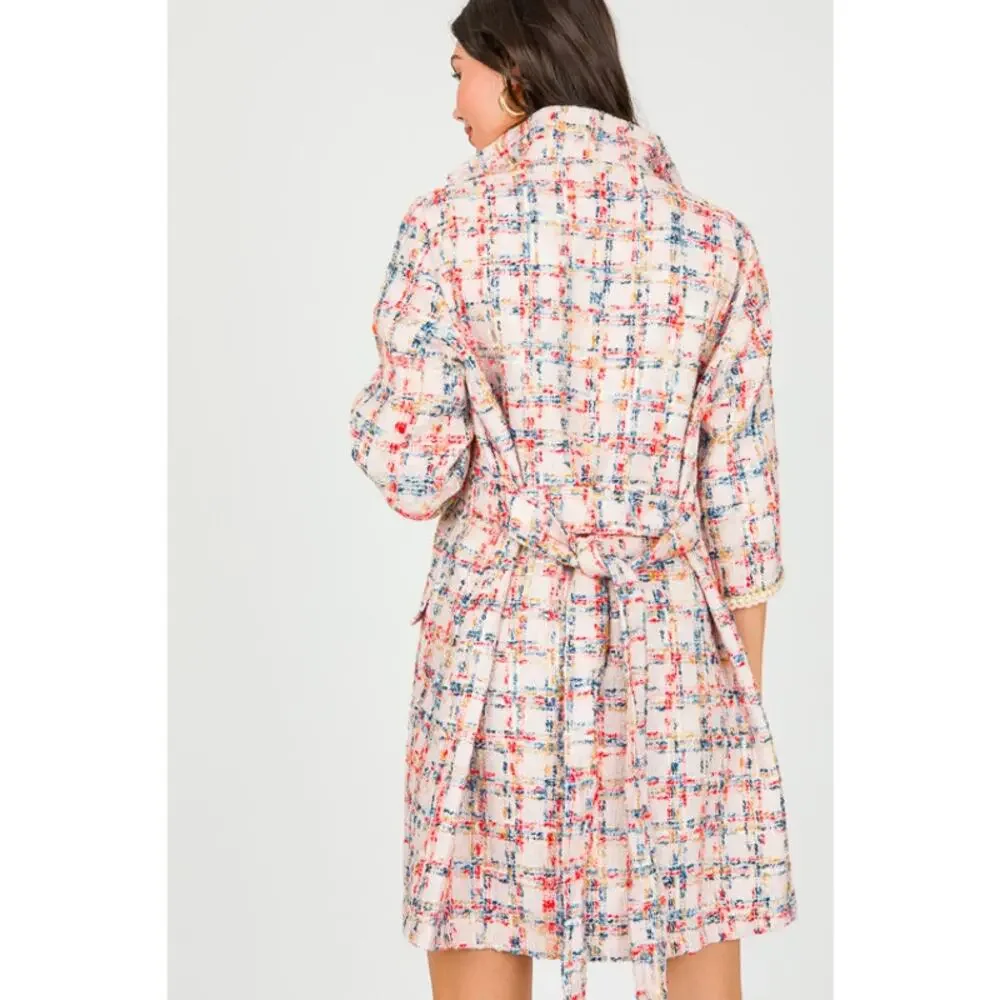 Easel Tweed Belted Shirt Dress/Coat, Teal Blush - Picture 7 of 11